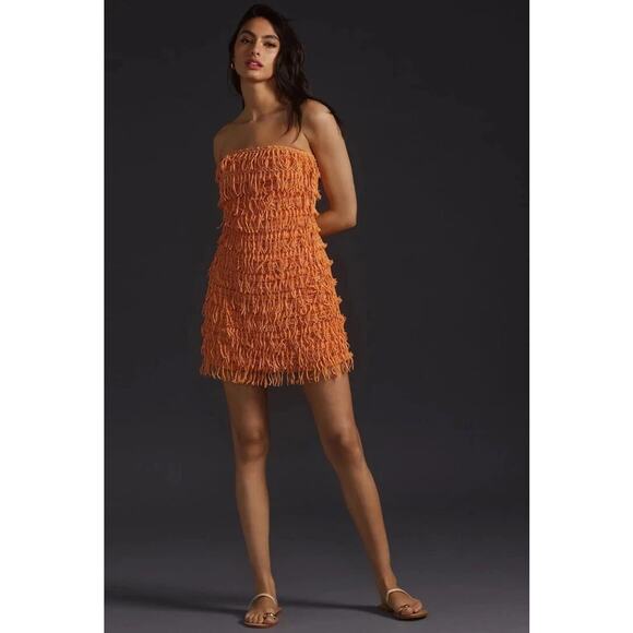 NWT Anthropologie Let me be Fringe Orange Tube Mini Dress Size Small